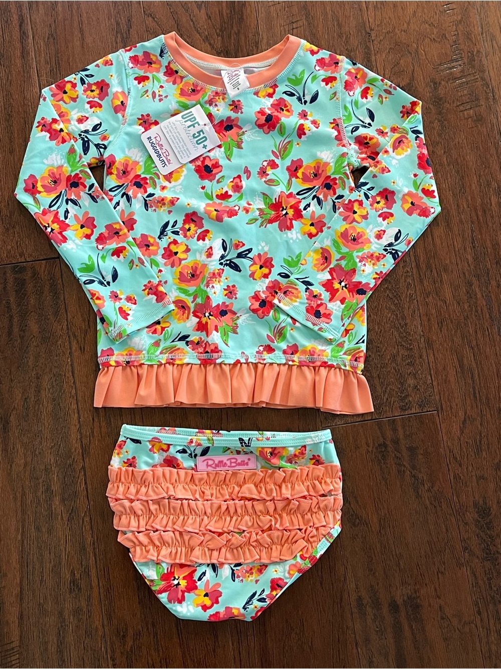 Ruffle Butts Aqua Floral Long-Sleeve Rashguard Set with Coral Ruffle Trim